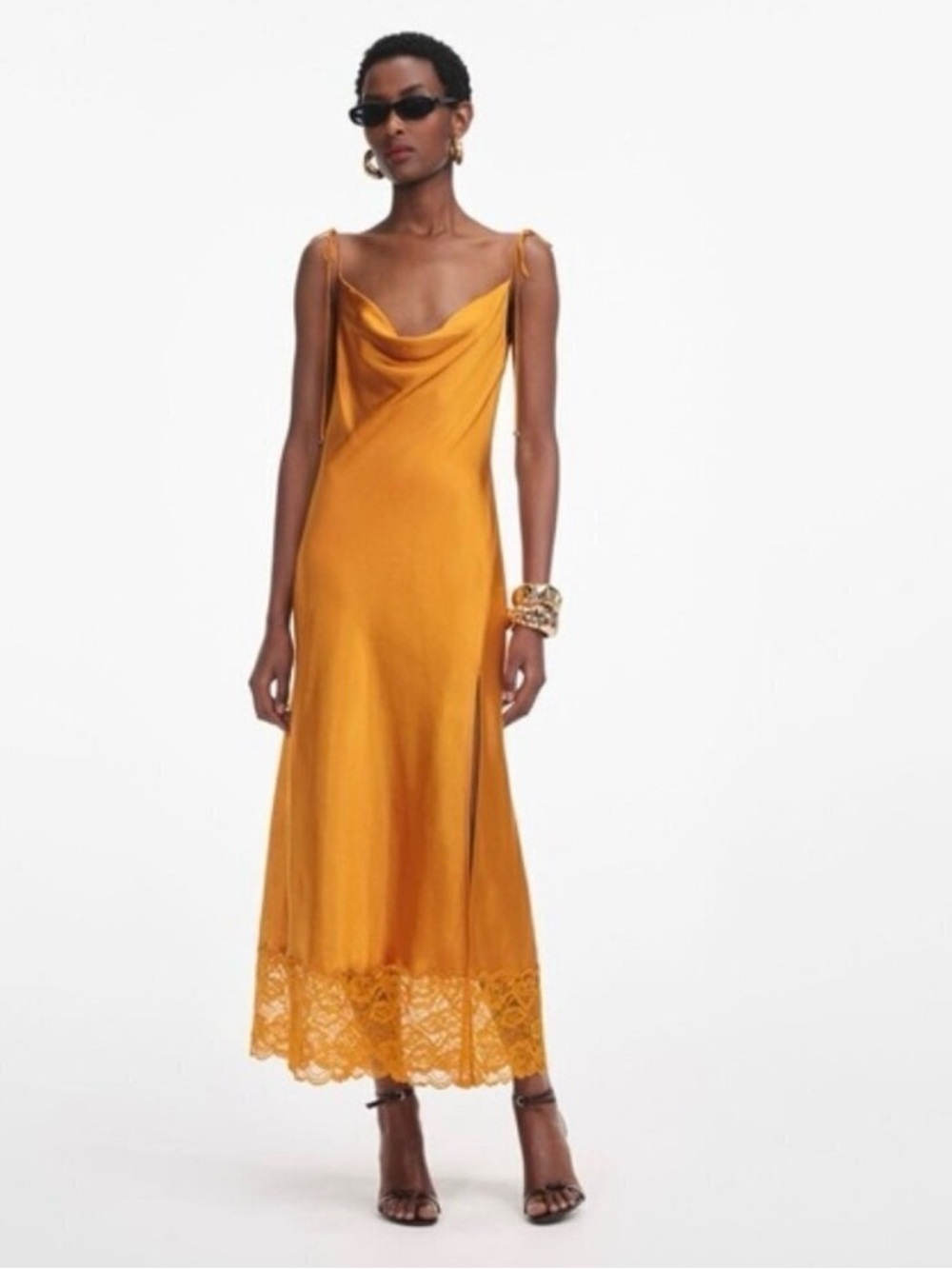 NEW Self-Portrait Burnt Orange Satin Midi Dress Lace | US 0 UK 4